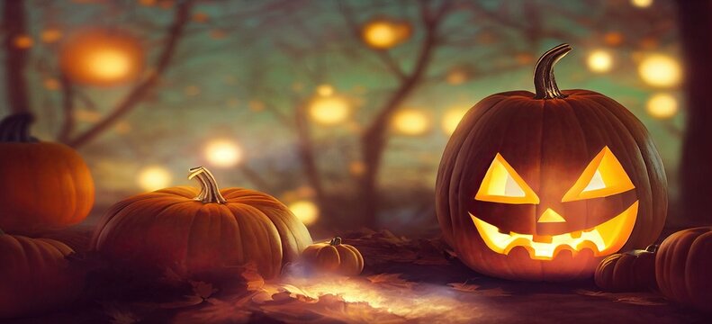 Happy Halloween Background, Scary Pumpkin In Forest Night Bokeh Backdrop.