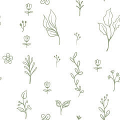 Vector leaves seamless pattern. Random plants texture background. Sketched doodles.