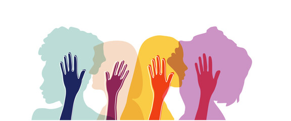 Banner background of human profile silhouette. Colorful up hands. Vector illustration