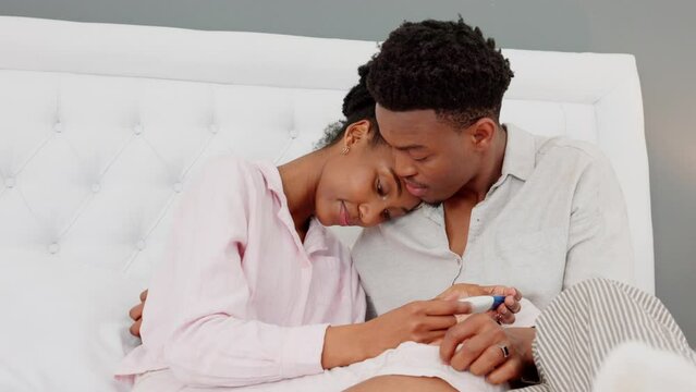Home pregnancy test, couple support and pregnant sad woman in bedroom. Sexual healthcare anxiety, infertility crisis and miscarriage problem. Results upset girlfriend and boyfriend comforting girl