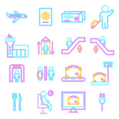 Airport Neon Icons Isolated. Vector Illustration of Glowing Bright Led Lamp over White Symbols.