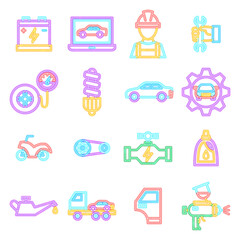 Auto Repair Neon Icons Isolated. Vector Illustration of Glowing Bright Led Lamp over White Symbols.