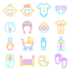 Baby Shower Neon Icons Isolated. Vector Illustration of Glowing Bright Led Lamp over White Symbols.