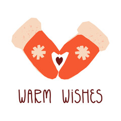 Retro winter seasonal greeting card, banner. Warm wishes lettering, pair of knitted mittens and a heart in the middle.