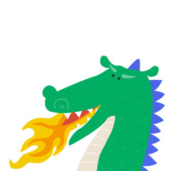 Funny green dragon with fire. Cute kids graphic. Vector hand drawn illustration.
