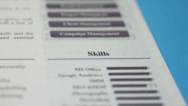 Skills section at a curriculum vitae.