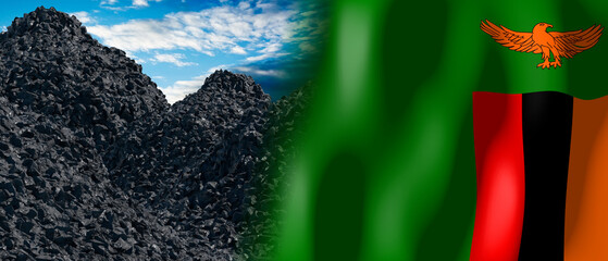 Zambia - country flag and pile of coal - 3D illustration