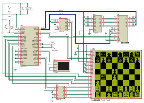 Playing chess on the lcd touch panel.
Vector electrical schematic diagram of the graphic lcd touch panel which runs under the control of a ATmega microcontroller. 