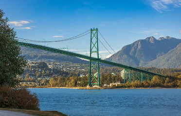 Lions Gate Bridge in summer day, Vancouver, BC, Canada. View of Lions Gate Bridge from Stanley Park