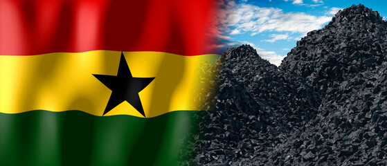 Ghana - country flag and pile of coal - 3D illustration