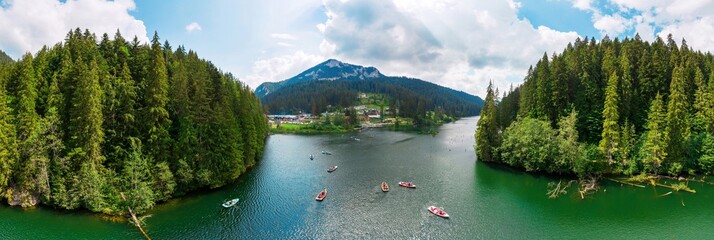 Aerial drone panoramic view of Red Lake in Romania