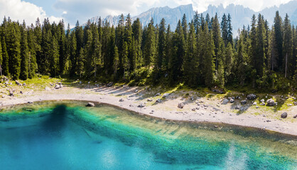 Lake of Carezza in the Dolomite Alps in Italy