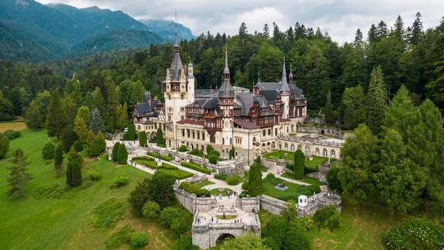 Aerial drone view of The Peles Castle in Romania