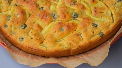 Homemade pie with olive. Fresh food. Home bakery