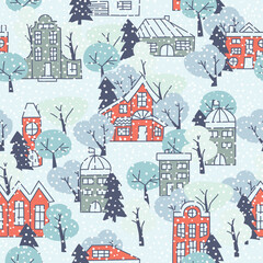 Seamless snow pattern with simple houses and trees. Winter time background