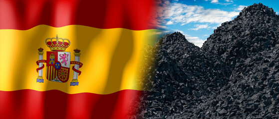 Spain - country flag and pile of coal - 3D illustration