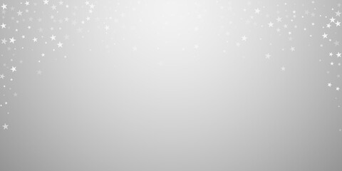 Christmas falling snow background. Subtle flying snow flakes and stars. Festive winter silver snowflake overlay template. Vector illustration