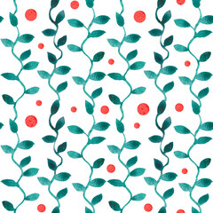Seamless pattern with decorative green watercolor vines and red circles