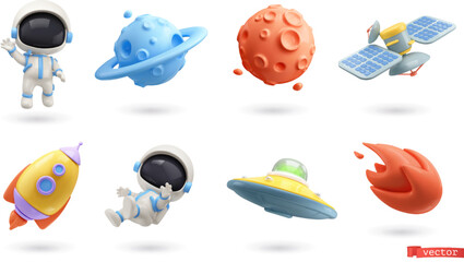 Space 3d vector icon set. Astronaut, planet, satellite, rocket, flying saucer, comet cartoon objects - 528811793