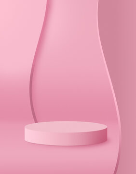 Realistic pink 3D cylinder pedestal podium with circles texture on the wall background. Vector abstract with geometric forms. Luxury minimal scene for mockup products showcase © Ivan