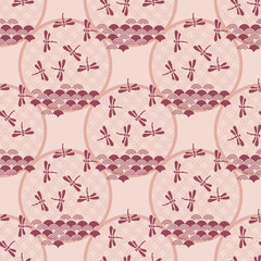 Beautiful japanese seamless pattern  Golden dragonfly  and traditional asian elements Vector  template background