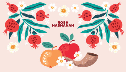 Rosh hashanah , Shana Tova - jewish new year holiday banner template design. Pomegranate, honey, wine, menorah, candle, star David, apple, shofar, flower Vector flat icon illustration