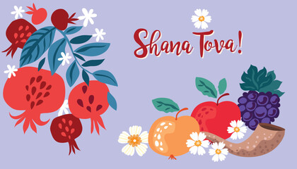 Rosh hashanah , Shana Tova - jewish new year holiday banner template design. Pomegranate, honey, wine, menorah, candle, star David, apple, shofar, flower Vector flat icon illustration
