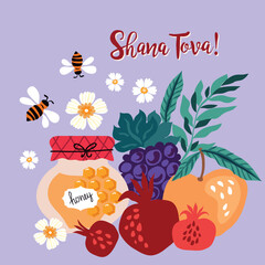 Rosh hashanah , Shana Tova - jewish new year holiday banner template design. Pomegranate, honey, wine, menorah, candle, star David, apple, shofar, flower Vector flat icon illustration