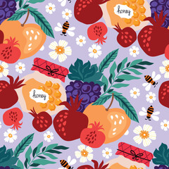 Rosh hashanah , Shana Tova - jewish new year holiday seamless pattern vector template  background  cartoon  flat design Pomegranate, honey, wine, menorah, candle, star David, apple, shofar, flower