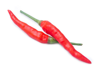 Two fresh red mexican chilies isolated on white background with clipping path