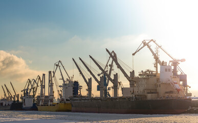 Fototapeta na wymiar Cargo Docks in St. Petersburg. Unloading cargo containers on a frozen river.