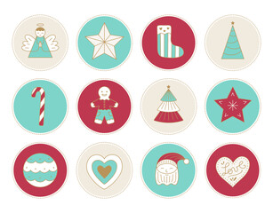 Christmas cutout ornaments for tree decoration. Fun round vector illustrations to celebrate the holidays, featuring an angel, star, stocking, tree, candy, Gingerbread Man, star, heart, and Santa Claus