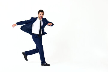 Man business smile with teeth in costume running and jumping flying up open mouth happiness and surprise full-length on white isolated background copy space 