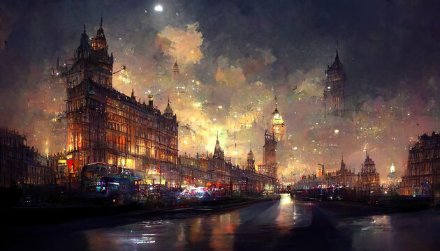 London Night Landscape, Illustration Painting