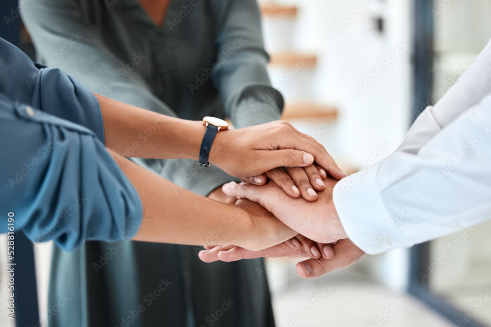 Poster hands, teamwork and collaboration of employee trust and support at the office or workplace. diverse 
