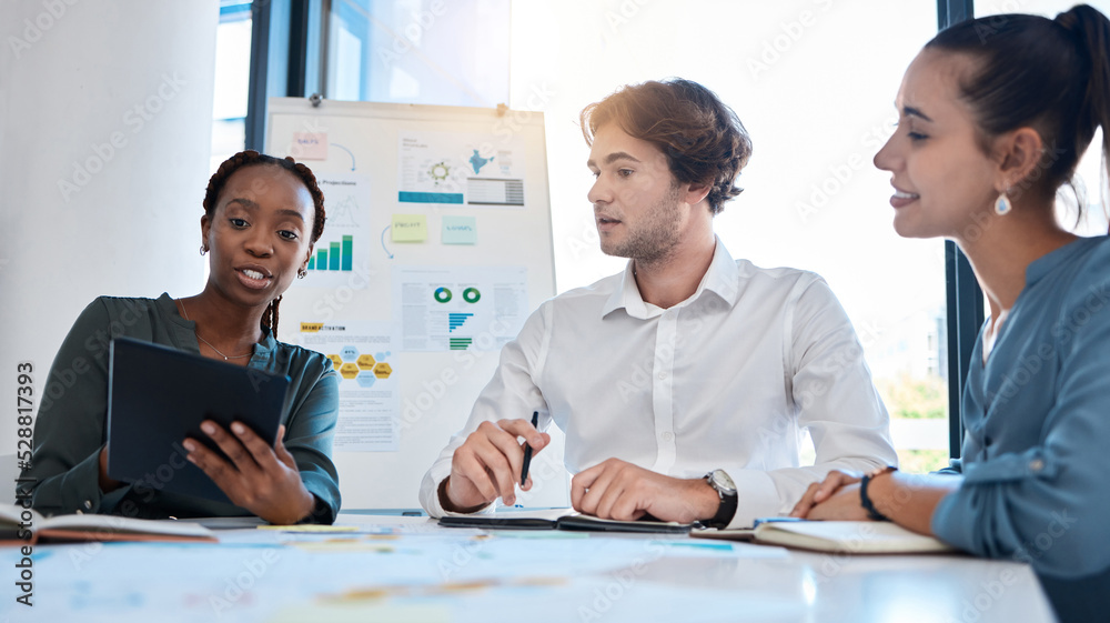 Poster business team, analytics and collaboration meeting with tablet for marketing plan in teamwork at the