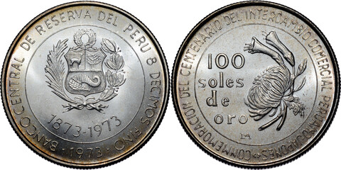 Peru, 100 Soles de oro 1973, Centennial Peru-Japan Trade Relations, silver, UNC