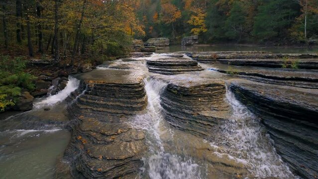 Six finger falls in Arkansas where natural river water cascade flows down unique rock structure like a waterfall