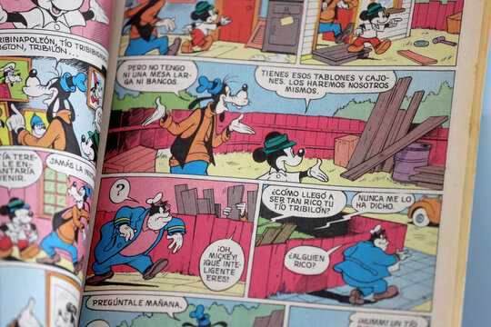 Mickey Mouse comics magazine with Goofy and Peg-Leg Pete. Magazine with illustrations of Walt Disney. Reading for children Bullet stories Magazine from the 80's. Mickey and friends.