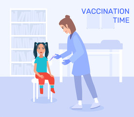 Vector illustration of a doctor's chamber. Where the doctor femal is gives an injection to patient child. Health care, treatment, prevention and immunization.