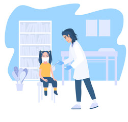 Vector illustration of a doctor's chamber. Where the doctor femal is gives an injection to patient child. Health care, treatment, prevention and immunization.