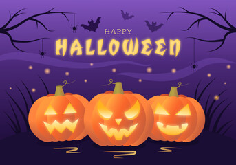 Happy halloween greeting card with pumpkin jack-o-lantern, bat, spider and fog.  Halloween background. Vector illustration. 
