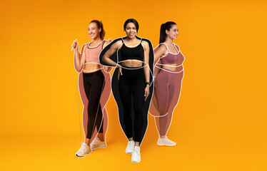 Cheerful slender european, arab and black young women athletes in sportswear, overweight ladies...