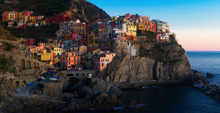 View on the colorful houses of Manarola, La Spezia from sea view at Italy..