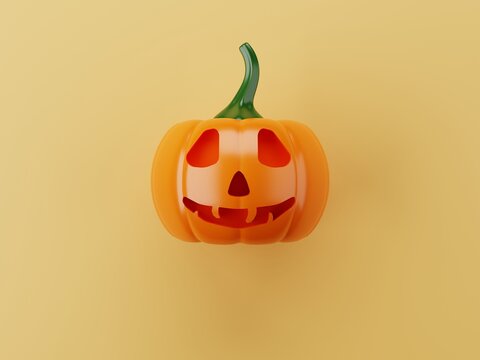 3d rendering, 3d illustration, flat lay Halloween pumpkin on yellow background