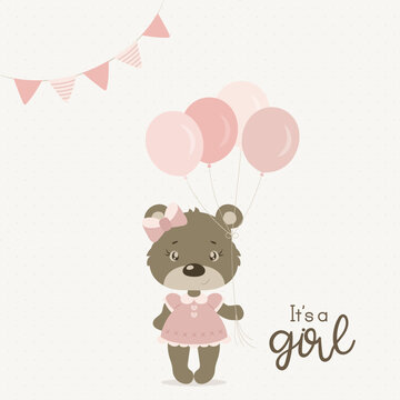 Baby shower it's a girl cute litlle bear holding pink balloons