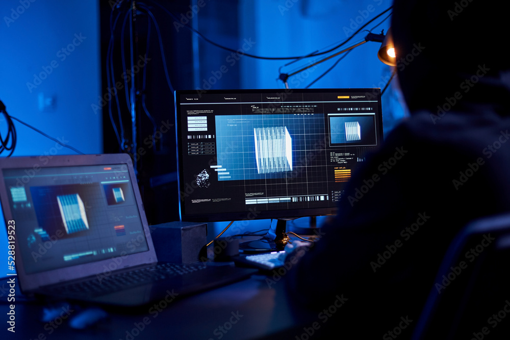 Poster cybercrime, hacking and technology concept - close up of female programmer or hacker working with 3d