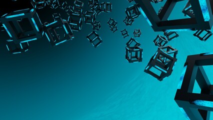 Blue illuminated black cubes under black-green background. Block chain network technology concept illustration. 3D illustration. 3D CG. 3D high quality rendering. 