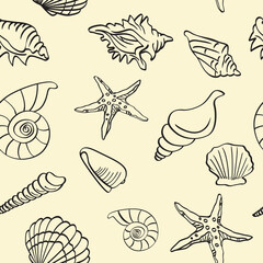 Seamless pattern of  sea shells and stars collection. 