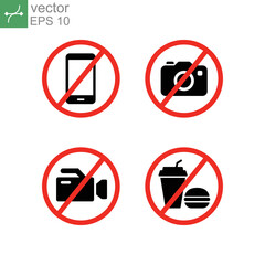 prohibition no camera, no mobile phone, no video recording, no food and drink signboard icon. flat style. Prohibited Stop fast food warning sign. vector illustration design on white background. EPS 10